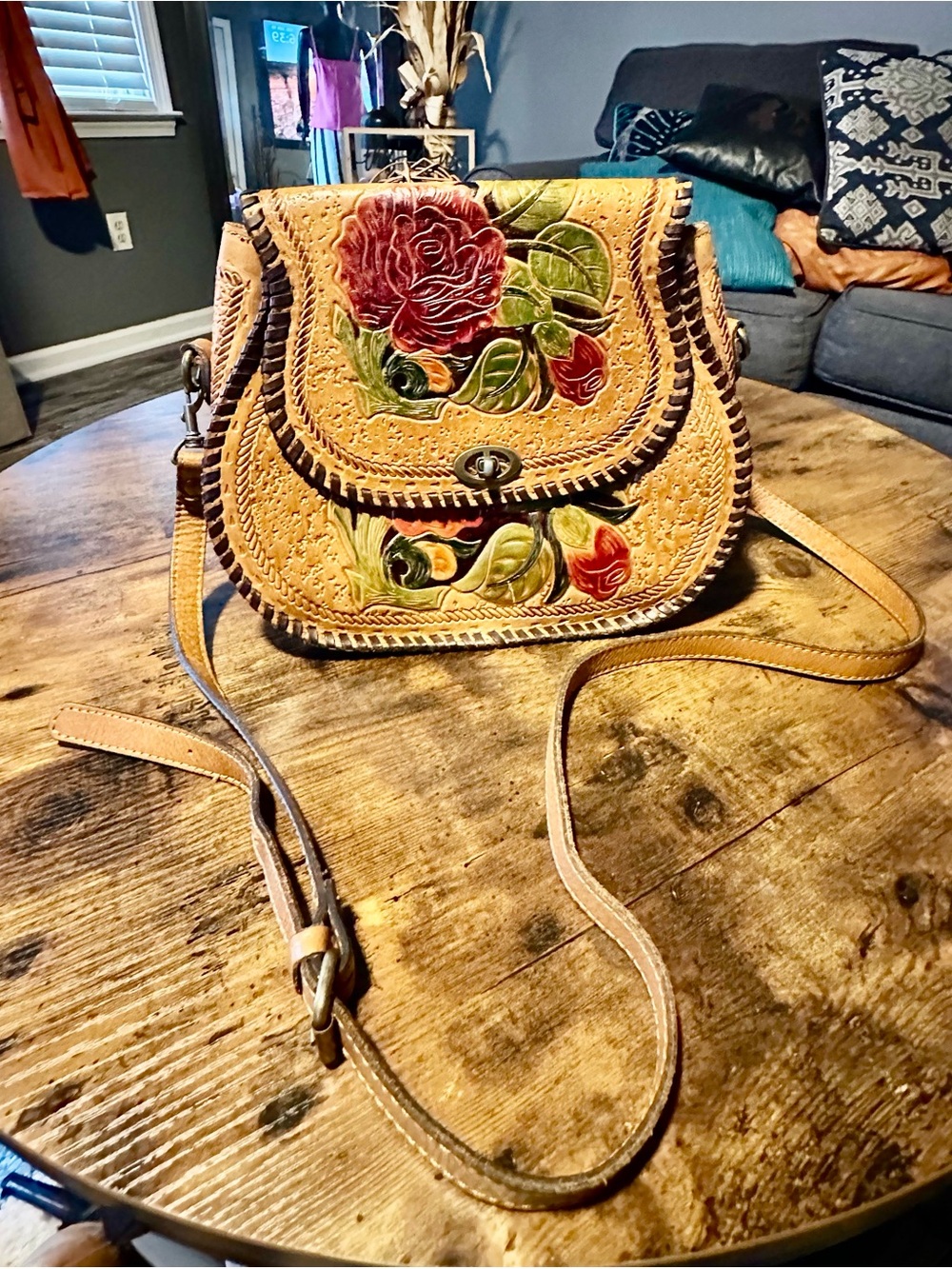 Patricia Nash Tan Leather Crossbody with Red & Green Floral Tooled Design